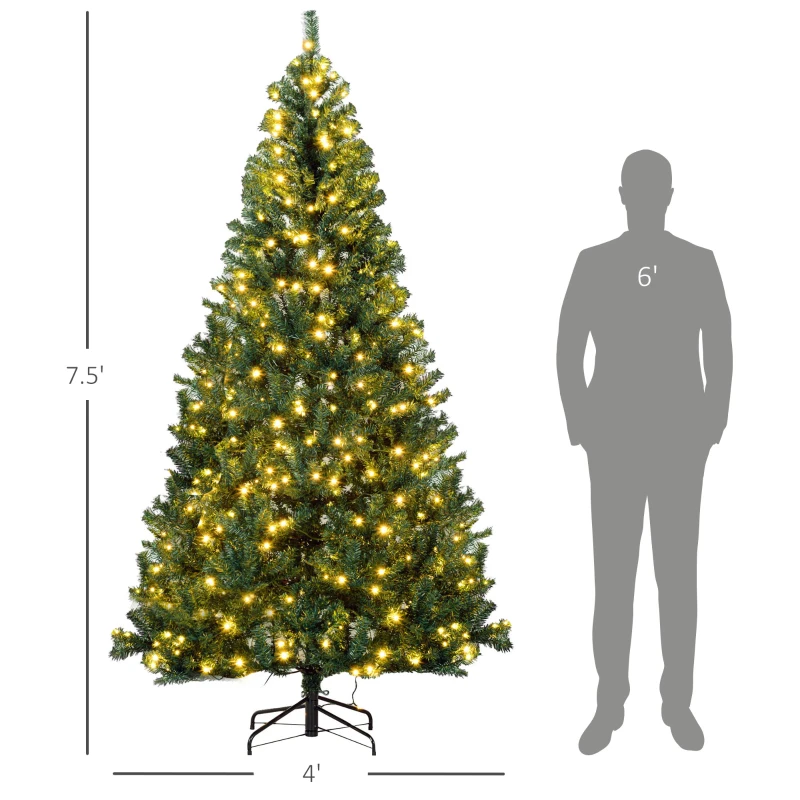HOMCOM 7.5 FT Tall PreLit Artificial Christmas Tree with Realistic Branches, 500 Warm White LED Lights and 1346 Tips, Green