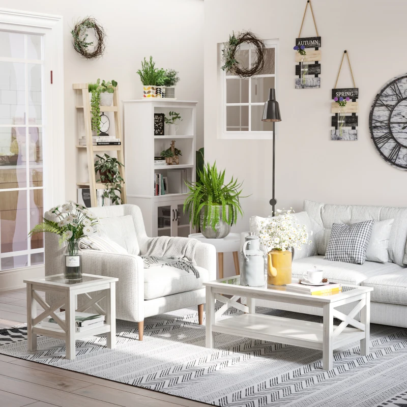 HOMCOM Coffee Table with Tempered Glass Tabletop, Living Room Table with Wood Frame and Underneath Storage Shelf, White Oak