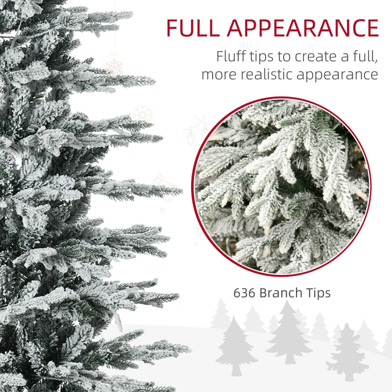 HOMCOM 6' Pre Lit Artificial Flocked Christmas Trees, with Snow Branches, Warm Yellow Clear Lights, Auto Open, Extra Bulb
