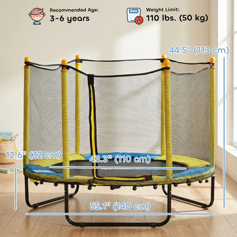 Qaba 4.6FT Trampoline for Kids with Enclosure Net for Ages 3-6, Indoor Outdoor Use, Yellow
