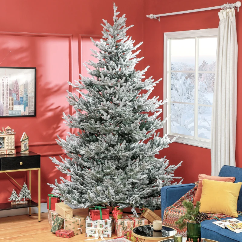 HOMCOM 9 FT Artificial Christmas Tree, Flocked Hinged Xmas Tree with 1939 Tips, Steel Base, Auto Open, Green