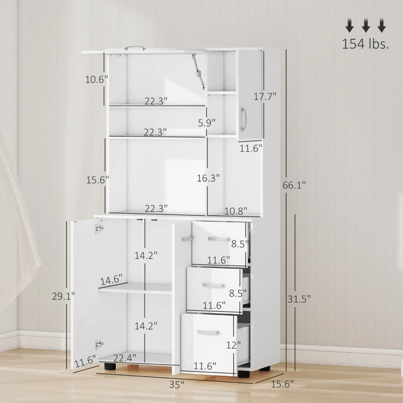 HOMCOM 66" Buffet with Hutch, Freestanding Kitchen Pantry with 2 Large Cabinets, 1 Pull Up Cabinet, 3 Drawers, White