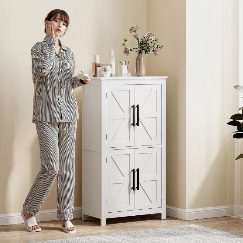 HOMCOM Bathroom Floor Storage Cabinet, Farmhouse Bathroom Cabinet with 4 Doors and Adjustable Shelf, White