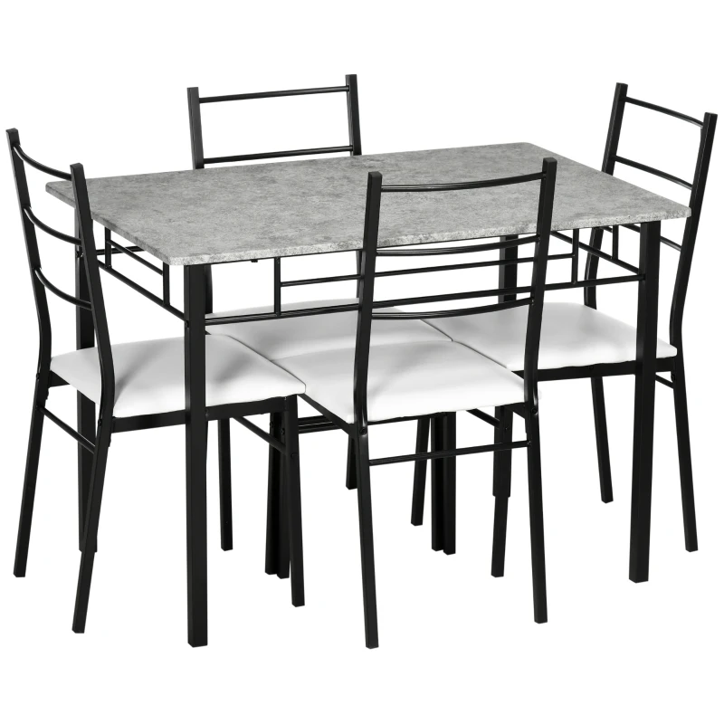 HOMCOM Kitchen Table and Chairs for 4, Modern Dining Table Set with Padded Sponge Cushion Chairs and Marble Textured Dining Table, Light Grey and Black