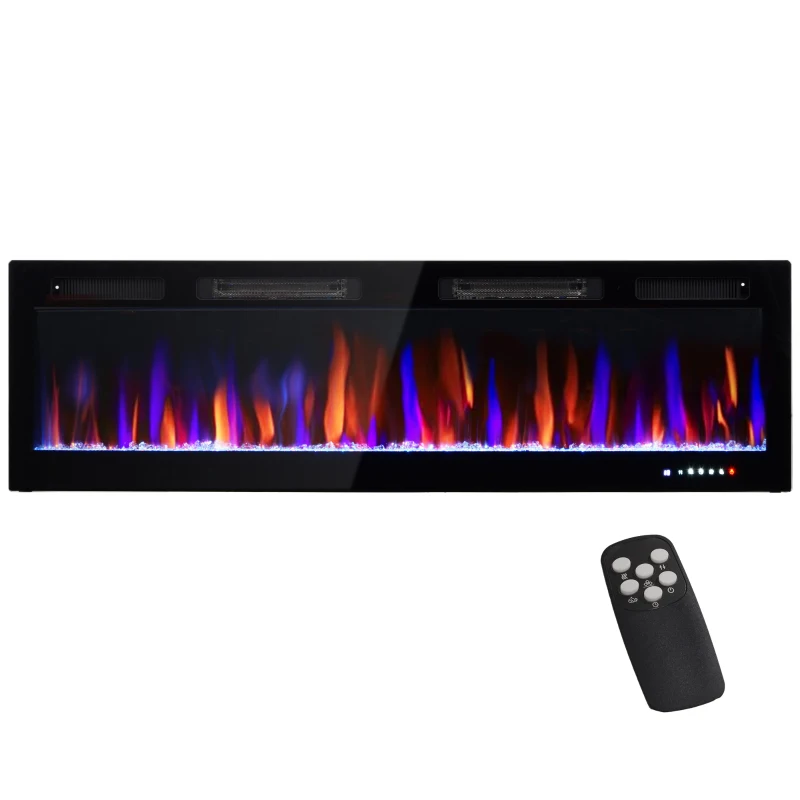 HOMCOM 60" Electric Fireplace Recessed and Wall Mounted, 1500W Ultra-thin with Adjustable Flame, Crystal, Black