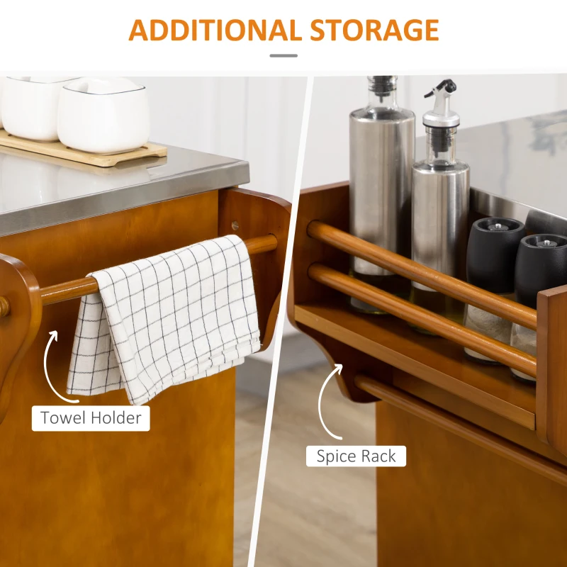 HOMCOM Kitchen Island Table with Stainless Steel Top 2 Drawers 3 Cabinets Spice and Towel Rack Red Brown