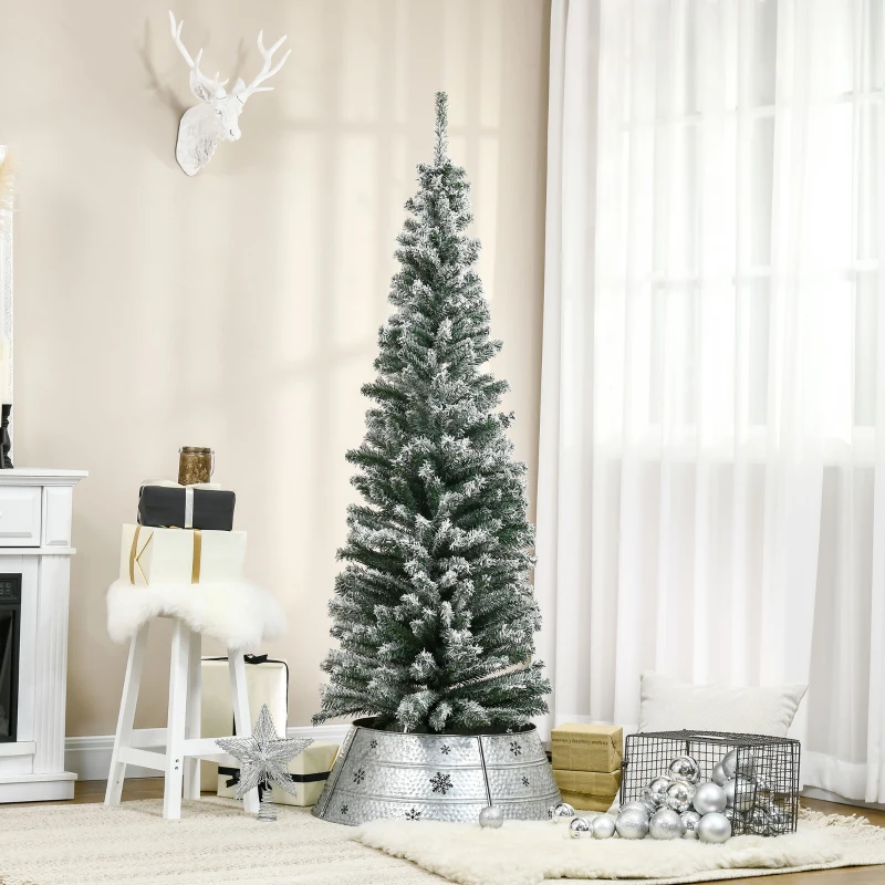 HOMCOM 6ft Flocked Christmas Tree, Pencil Artificial Xmas Tree with Faux Snow, Dense Branches, Foldable Metal Base for Indoor Holiday Decor