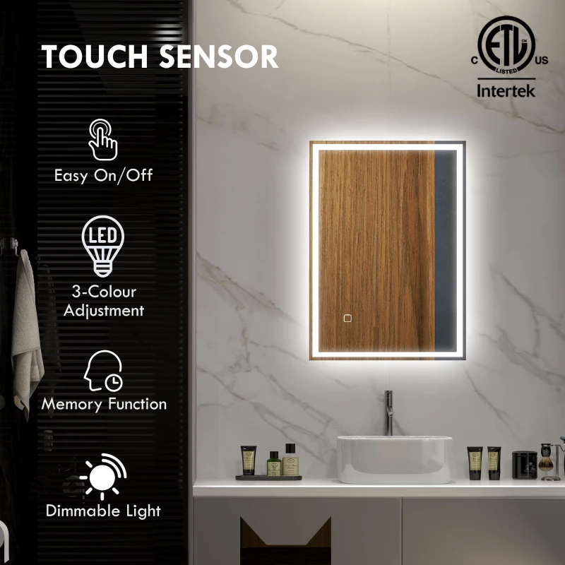 HOMCOM 32" x 24" Bathroom Mirror with LED Lights, Dimmable Makeup Mirror, Vanity Mirror with 3 Colors, Smart Touch