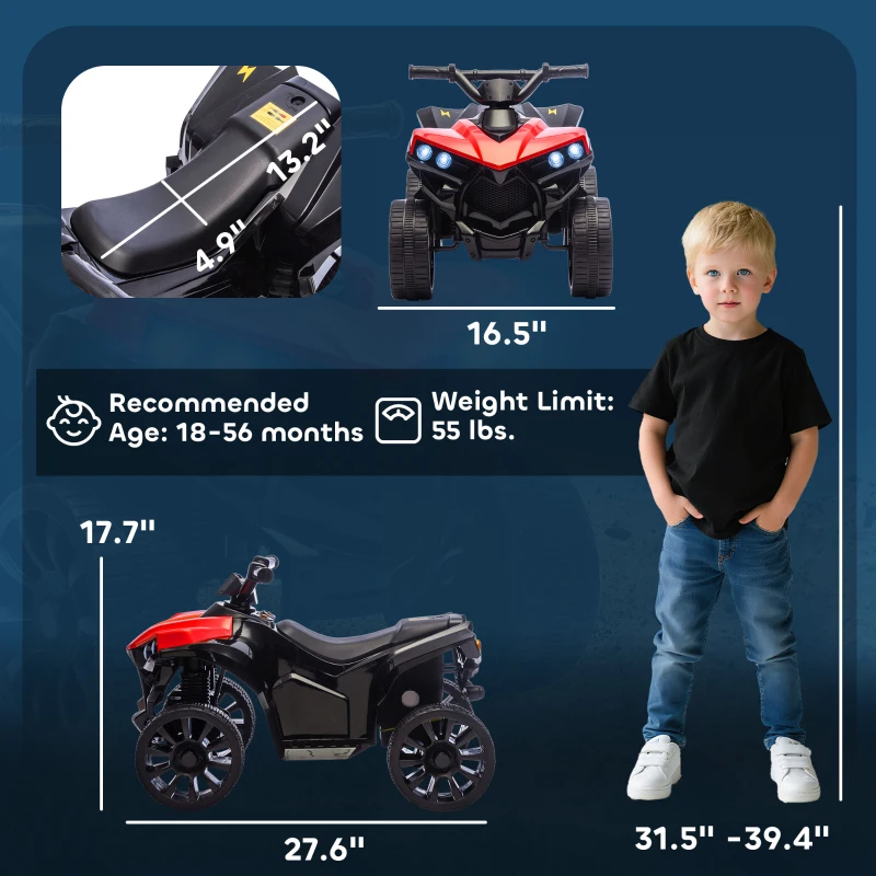 Qaba Kids ATV 4 Wheeler, 6V Electric Ride on Car with Music and LED Headlights, Indoor Outdoor Toy Car for 18-56 months, Red