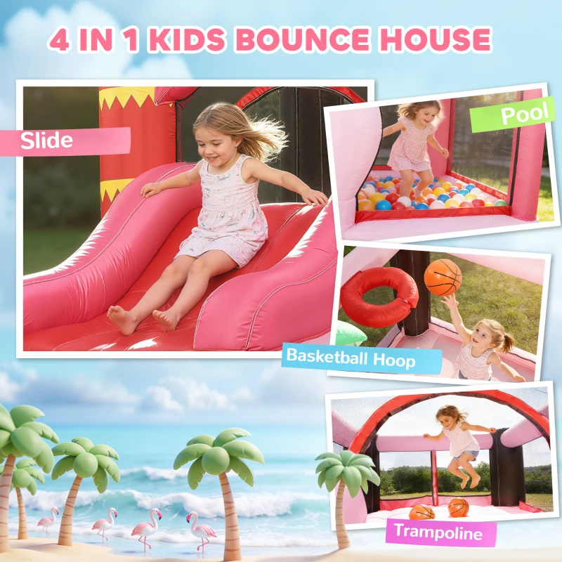 Qaba Inflatable Bounce House with Ball Pool, Basketball Hoop, Jumping Bouncy Castle with Blower for Indoor Outdoor, Pink