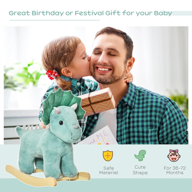 Qaba Kids Plush Ride-On Rocking Horse Triceratops-shaped Plush Toy Rocker with Realistic Sounds for Child 36-72 Months Green