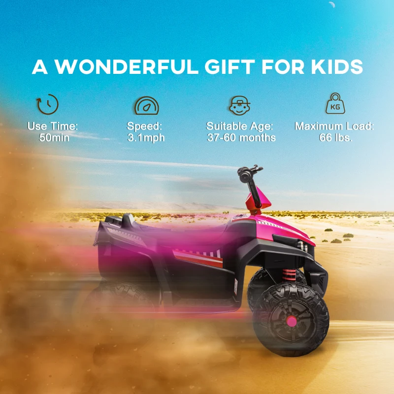 Qaba 12V Kids ATV with Spring Suspension, Forward & Reverse, LED Lights, Music, MP3, Pink