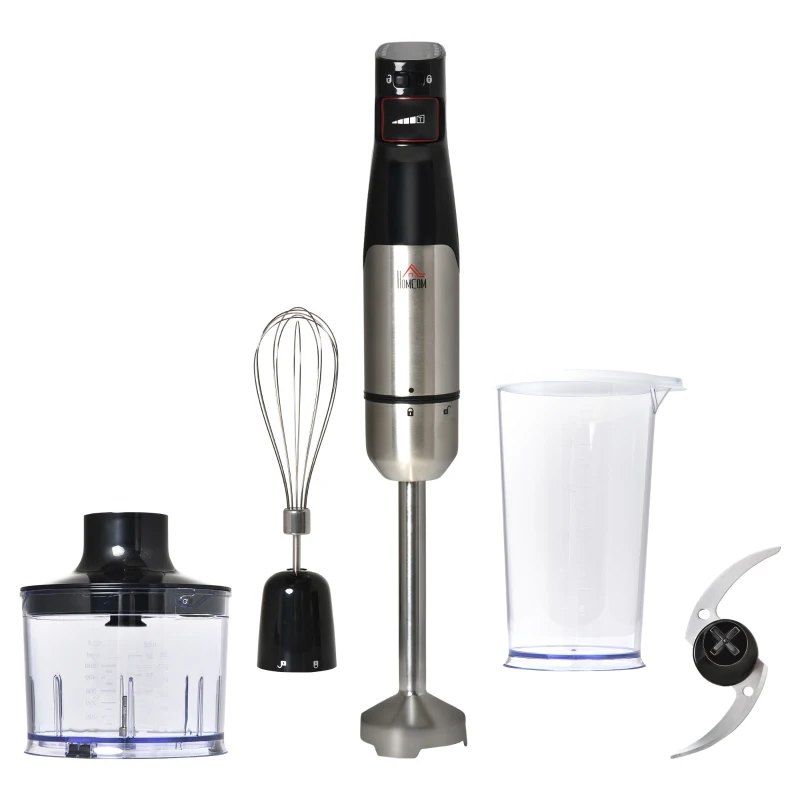 HOMCOM Immersion Hand Blender, 400W 4-In-1 Handheld Stick Blender with Adjustable Speed, 500ml Chopper, Egg Whisk, 800ml Measuring Cup, Stainless Steel Blades for Smoothie, Baby Food, Sauce, Soup