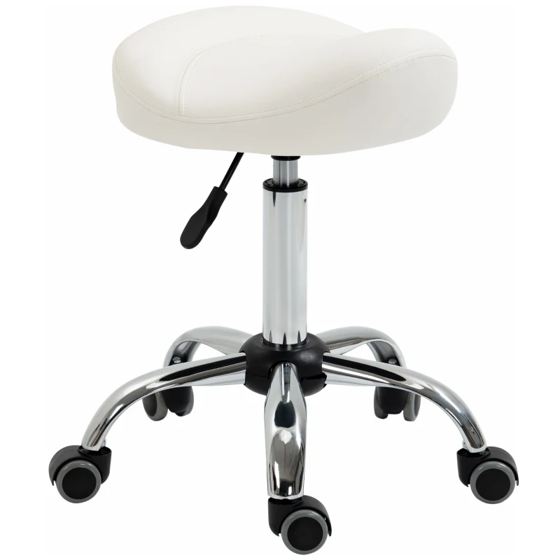 HOMCOM Ergonomic Saddle Stool with Wheels, Adjustable PU Leather Saddle Chair, 360° Swivel, NO Back Pain, Healthy Posture, Salon Chair for Massage Medical Home, White