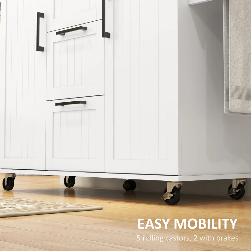 HOMCOM Rolling Kitchen Cart on Wheels with Drop Leaf, Kitchen Island with 3 Drawers, Solid Wood Top and Towel Rack, White