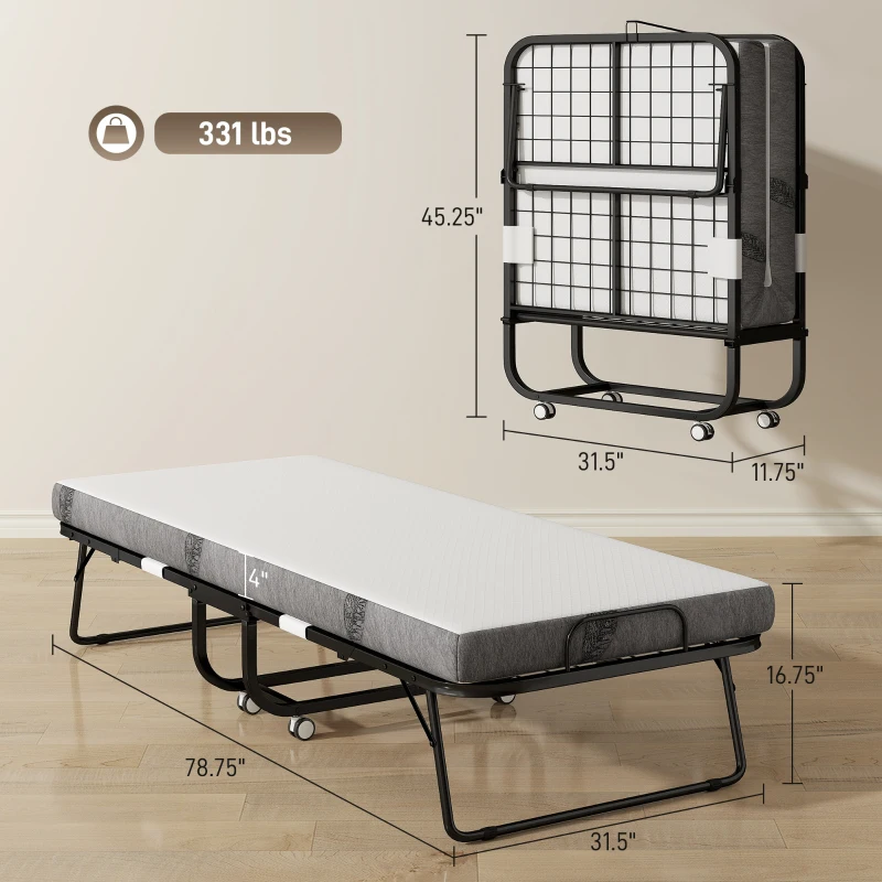 HOMCOM Folding Bed with Mattress for Adults, Single Size, Portable Foldable Bed with Super Strong Steel Frame, 78.75" x 31.5", Fold Up, Roll Away & Hideaway, White