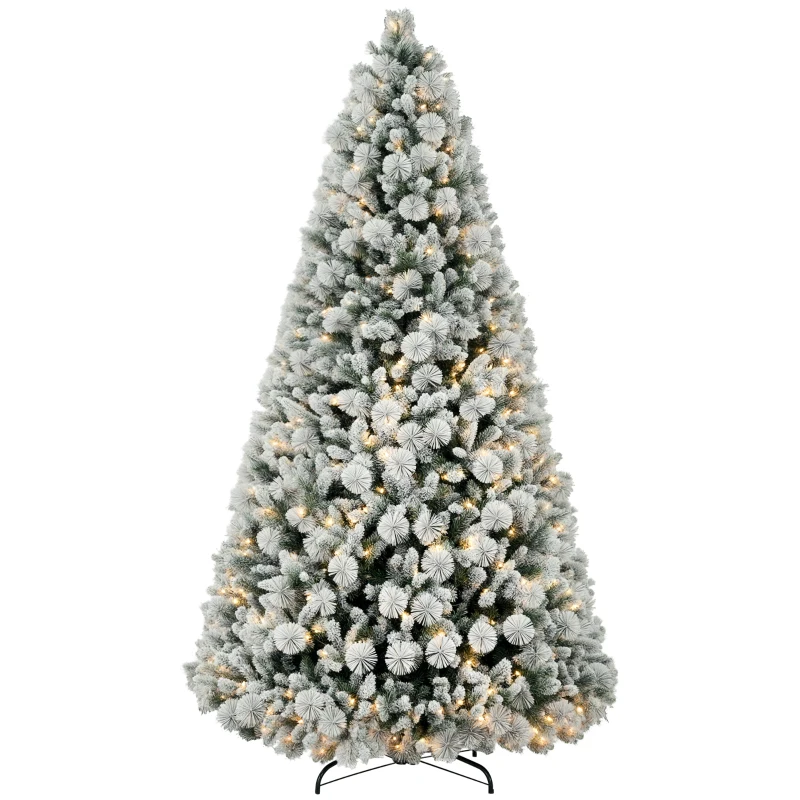 HOMCOM 9 ft Prelit Flocked Artificial Christmas Tree with 750 Clear Lights, 2387 Tips, Metal Stand for Home Office Holiday