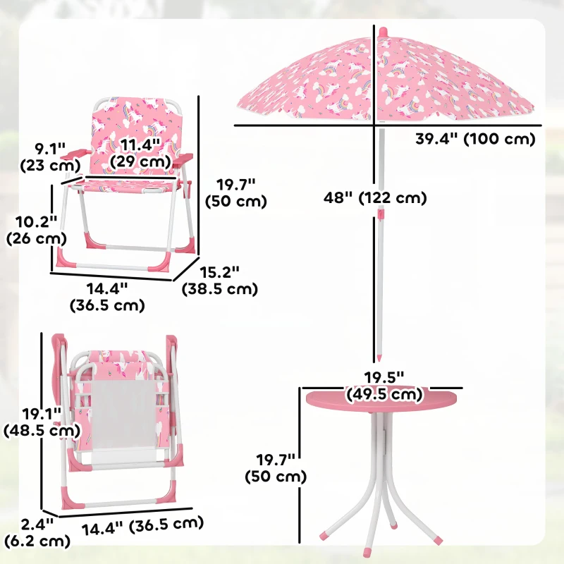 Qaba Kids Picnic Table, Kids Table and Chair Set with 2 Folding Chairs and Umbrella for Backyard, Garden, Patio, Pink