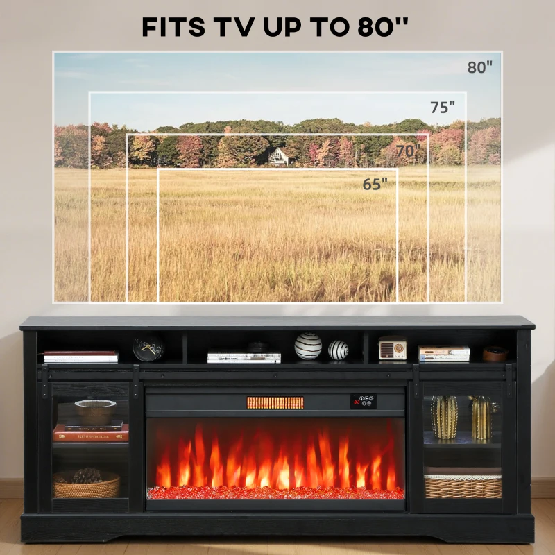 HOMCOM Fireplace TV Stand for TVs Up to 80 Inch, TV Console with Electric Fireplace, Open Storage and Side Cabinets, Black
