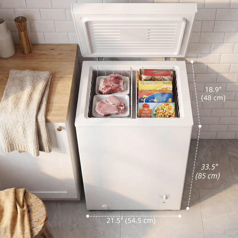 HOMCOM Mini Freezer, 3.5 Cu.Ft Chest Freezer with 5-Setting Adjustable Thermostat, Wire Basket, Quiet Operation, White
