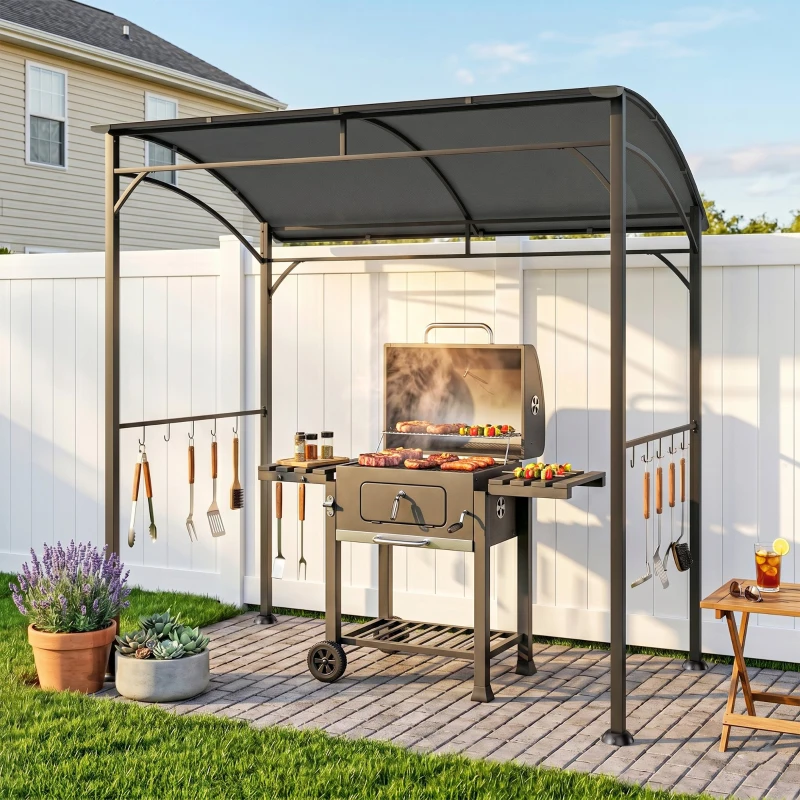 Outsunny 7' x 5' Garden Grill Canopy, BBQ Grill Gazebo Tent with Steel Frame and Hooks, Outdoor Sun Shade, Charcoal Grey