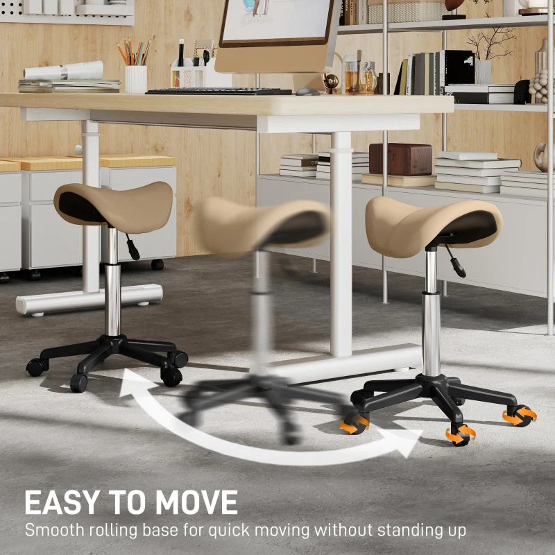 HOMCOM Rolling Salon Stool, PU Leather Swivel Saddle Chair, Adjustable Height Stool with Wheels for Spa, Salon, Office, Brown