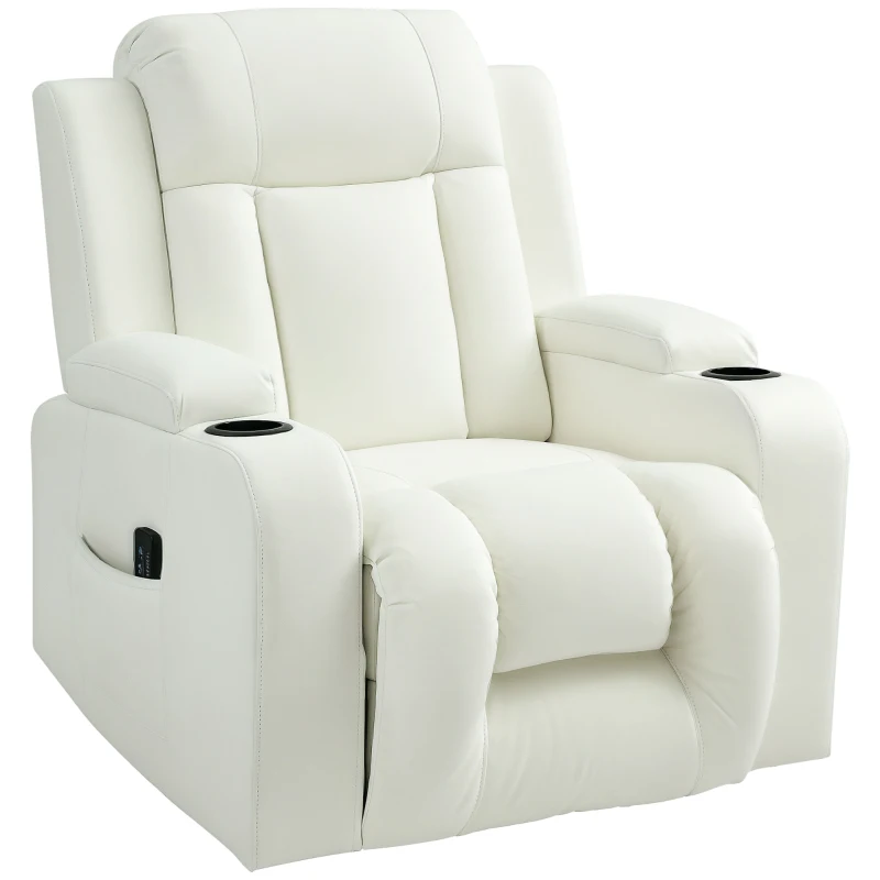 HOMCOM Swivel Massage Recliner Chair Rocker, Overstuffed Manual Reclining Sofa, PU Leather Rocking Chair with Side Pockets, Cup Holders, for Living Room, Nursery, Cream White