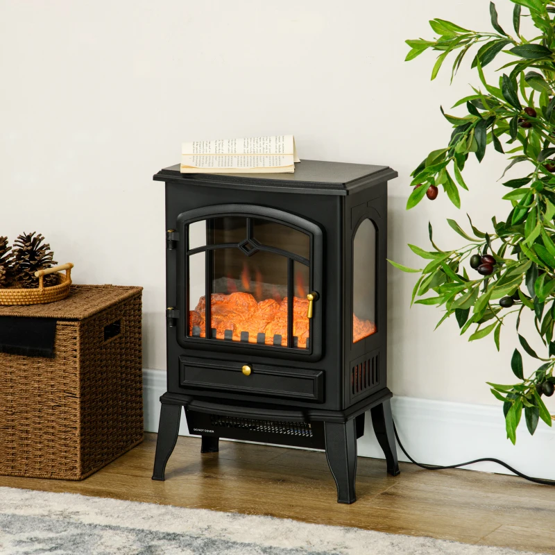 HOMCOM Electric Fireplace Heater Freestanding Fireplace Stove with 3-Side Realistic Flame Overheat Protection 750W/1500W, Black