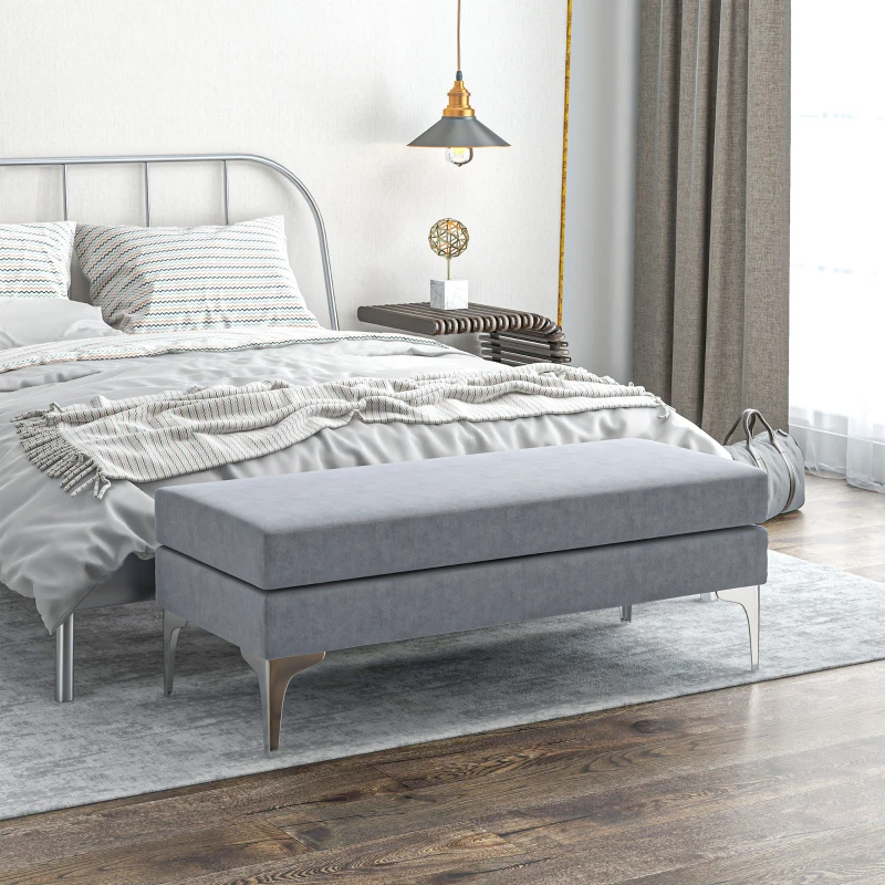 HOMCOM 48 Inches Upholstered Bedroom Bench, Modern End of Bed Bench with Double Layer Seat Cushions and Steel Legs, Light Gray