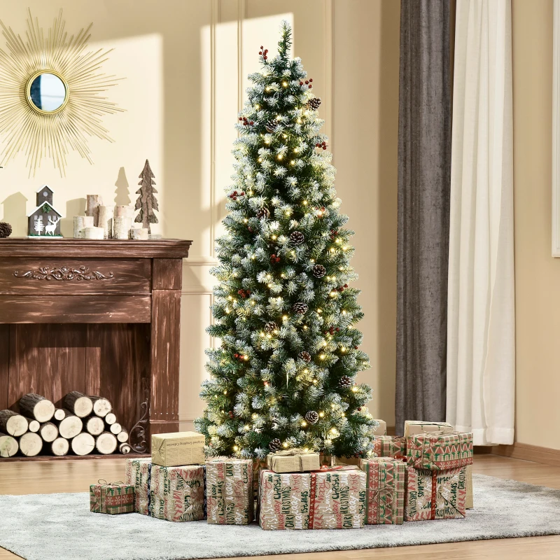 HOMCOM 6ft Pre-Lit Snow-Dipped Artificial Christmas Tree with Realistic Branches, 300 LED Lights, Pine Cones, Red Berries and 618 Tips
