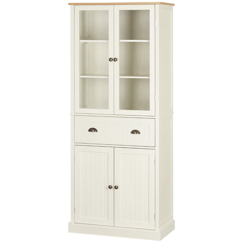 HOMCOM 72" Freestanding Kitchen Pantry Cabinet, Tall Storage Cabinet with Glass Doors, Drawer and Adjustable Shelves for Dining Room, Cream White