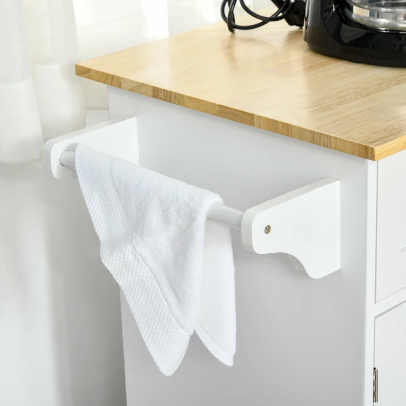 HOMCOM 48" Kitchen Island with Storage and Solid Wood Top, Rolling Kitchen Cart on Wheels with 2 Storage Drawers, 3 Doors and Towel Rack for Dining Room, White