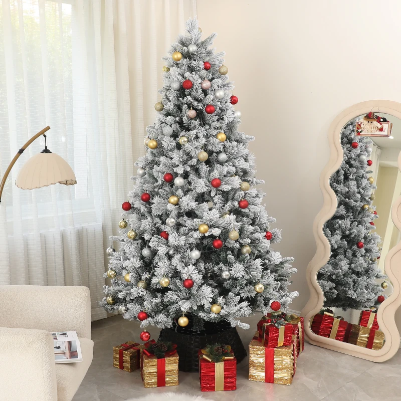 HOMCOM 7.5 ft Prelit Flocked Artificial Christmas Tree with 500 Clear Lights, 1530 Tips, Metal Stand for Home Office Holiday