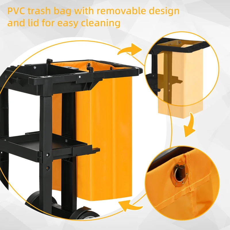 HOMCOM Janitorial Cart with 3 Shelves, Cleaning Cart on Wheels with Rubbish Bag and Mop Holders for Hotel, Housekeeping, Black