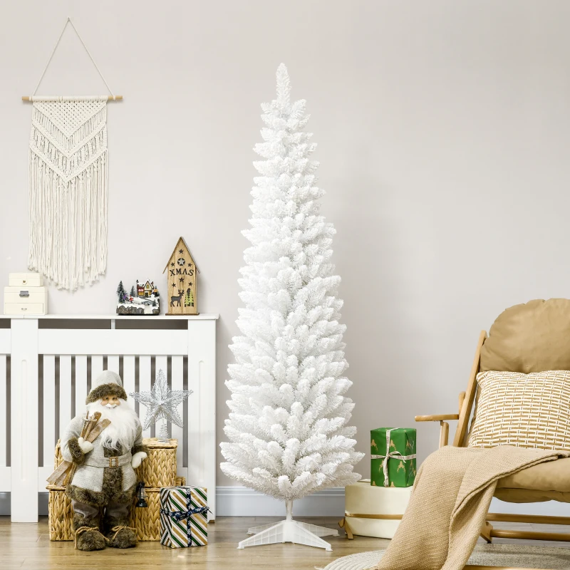 HOMCOM 6' Decorated Christmas Tree Snow Flocked Artificial Christmas Tree with Pencil Shape, Realistic Branches, White