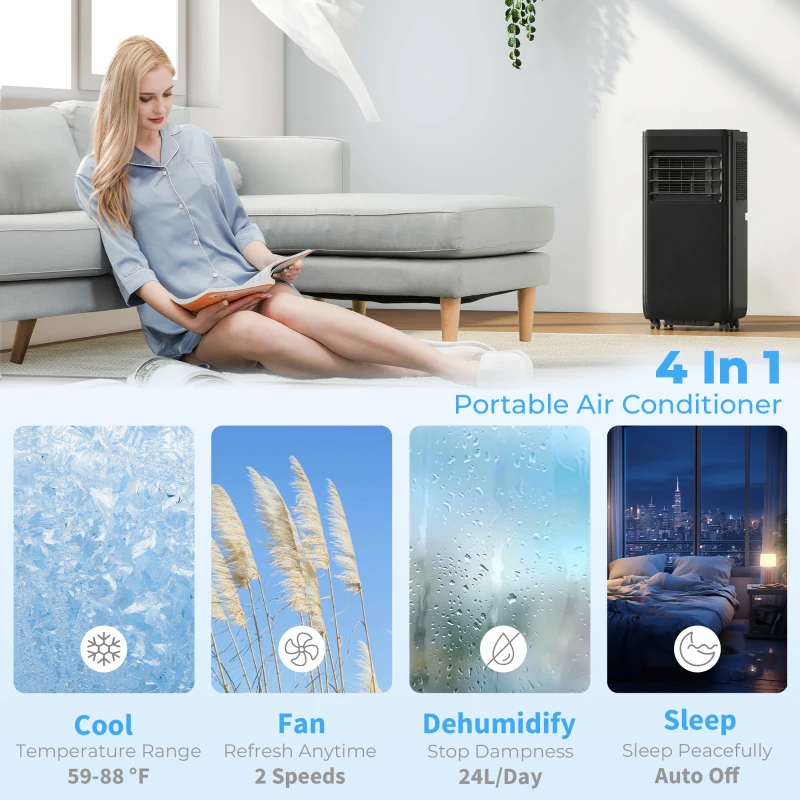 HOMCOM 8000 BTU Portable 4-in-1 Air Conditioner with Cool, Dehumidifier, Fan, Sleep, WiFi Voice Remote Control, Black