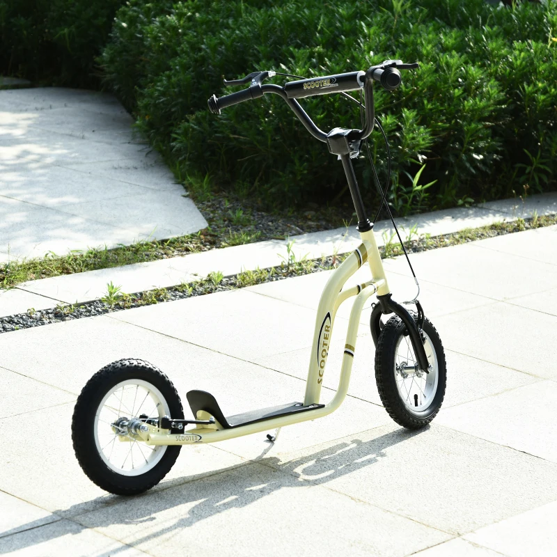 Aosom Youth Scooter Front and Rear Caliper Dual Brakes 12-Inch Inflatable Front Wheel Ride On Toy For Age 5+ - Beige