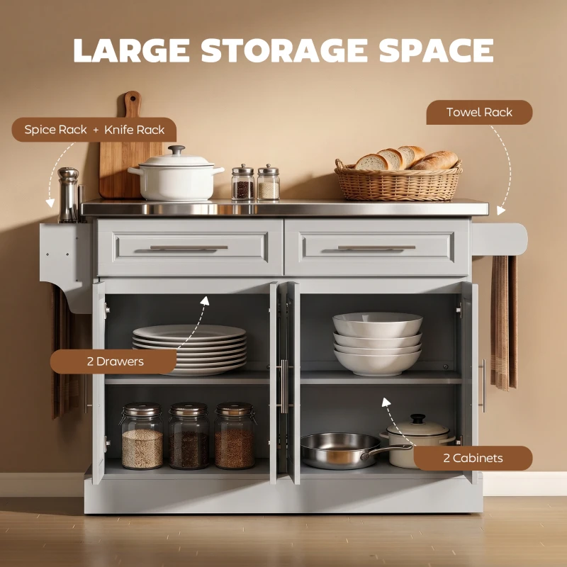 HOMCOM Rolling Kitchen Island Cart with 47" Stainless Steel Top, Portable Island Table for Kitchen with Wheels, Adjustable Shelves, 2 Drawers, Spice, Knife and Towel Rack, Gray