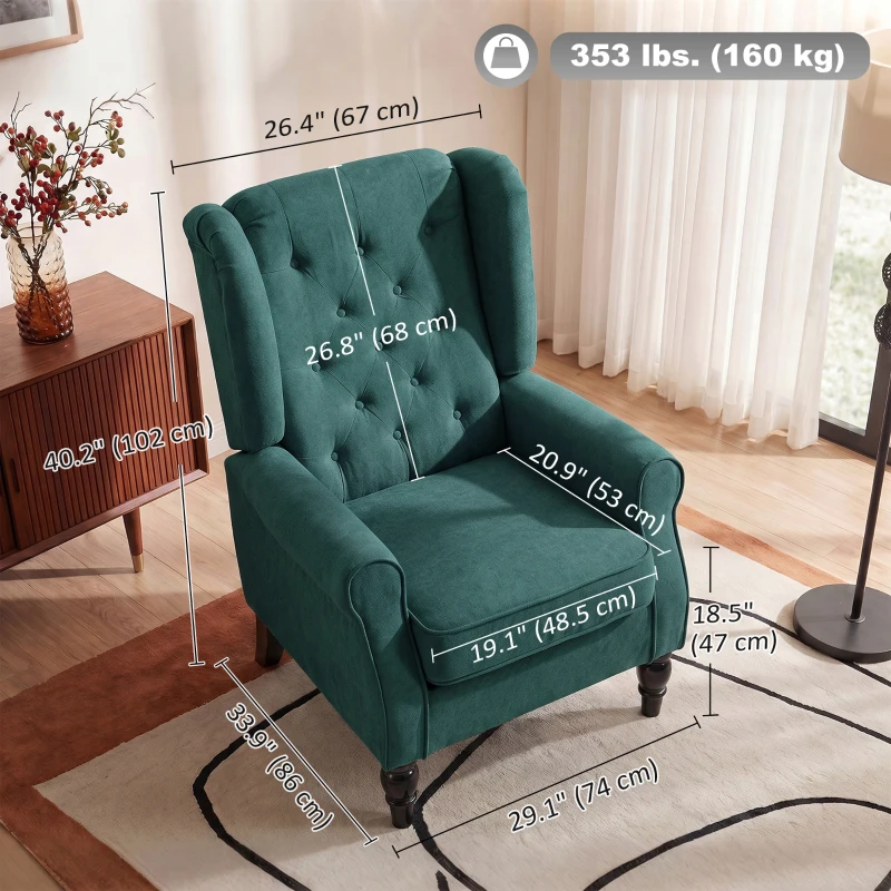 HOMCOM Fabric Accent Chair, Button Tufted Armchair, Armchair with Wood Legs, Thick Padding for Bedroom Dark Green
