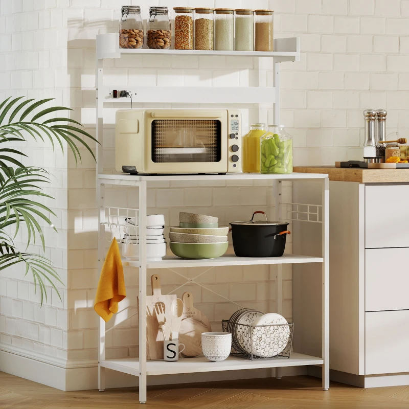 HOMCOM Kitchen Baker's Rack with Power Outlet, Coffee Bar Station with Adjustable Shelves and Hooks, Distressed White