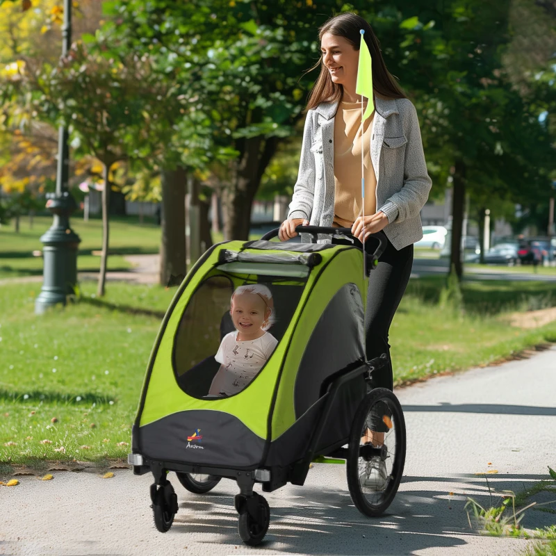 Aosom Bike Trailer for Kids 3 In1 Foldable Child Jogger Stroller Baby Stroller Transport Carrier with Shock Absorber System Rubber Tires Adjustable Handlebar Kid Bicycle Trailer Green and Gray