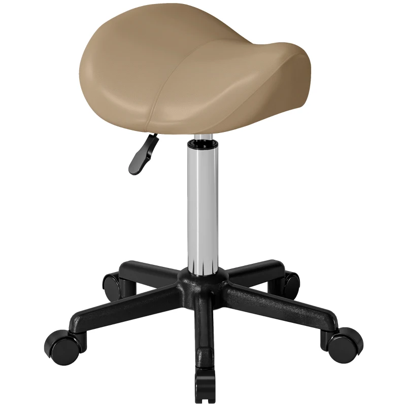 HOMCOM Rolling Salon Stool, PU Leather Swivel Saddle Chair, Adjustable Height Stool with Wheels for Spa, Salon, Office, Brown