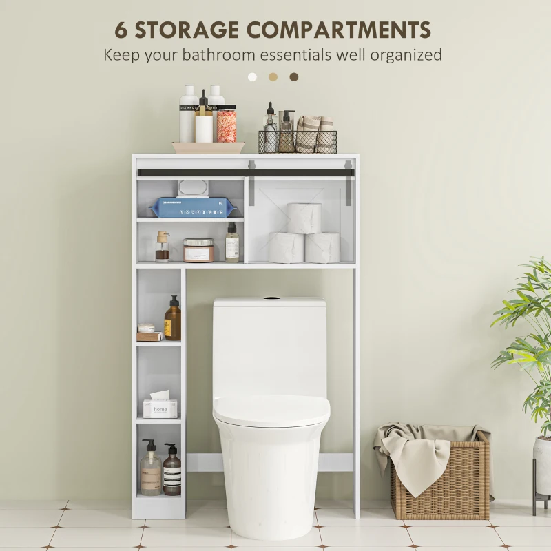 HOMCOM Over-Over The Toilet Storage Shelf with Sliding Barn Door, Bathroom Cabinet with Compartments & Adjustable Shelf, White