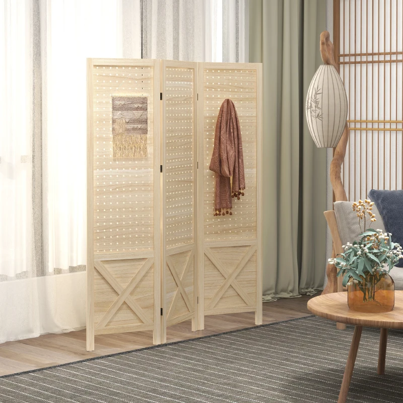HOMCOM 4.7' 3 Panel Wooden Room Divider with Pegboard Display, Folding Privacy Screen for Home Office, Natural