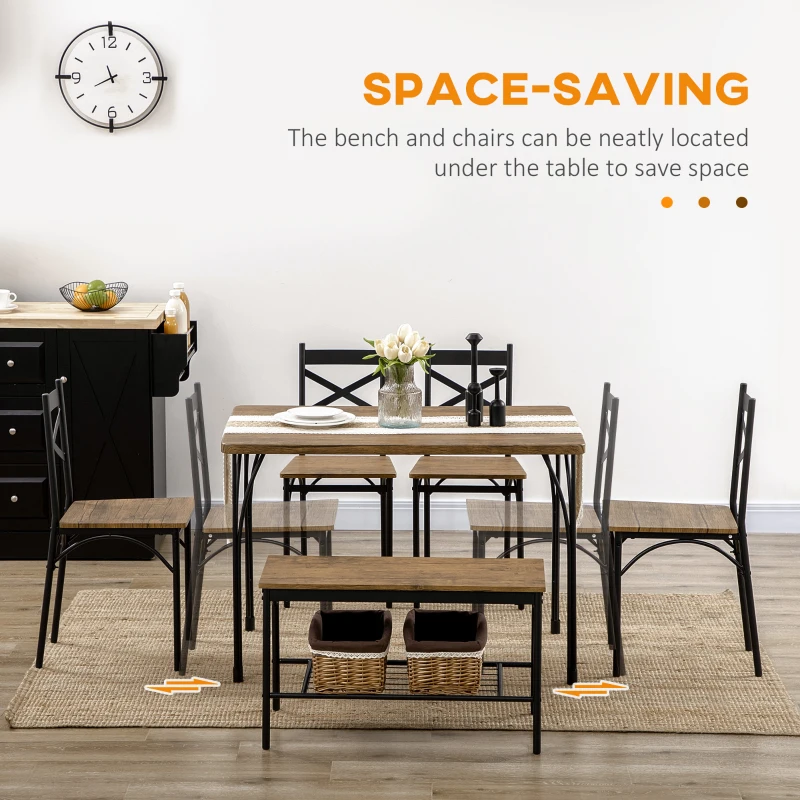 HOMCOM Industrial Dining Table Set for 6 People, 6 Piece Kitchen Table and Chairs Set, Dinner Table with Bench, Steel Frame and Storage Shelf, Dinette Set, Rustic Brown