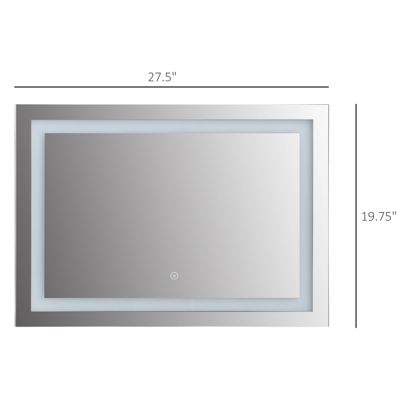 HOMCOM 28" x 20'' LED Illuminated Bathroom Mirror, Wall Mounted Vanity Mirror with Dimmable Memory Touch, Waterproof, Horizontally or Vertically, Silver