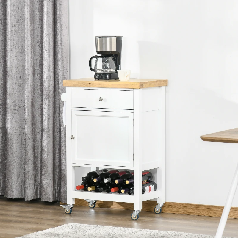 HOMCOM Utility Kitchen Cart, Rolling Kitchen Island with Smooth Rubberwood Top, Narrow Butcher Block Surface on Wheels with Storage Drawer & Cabinet, White