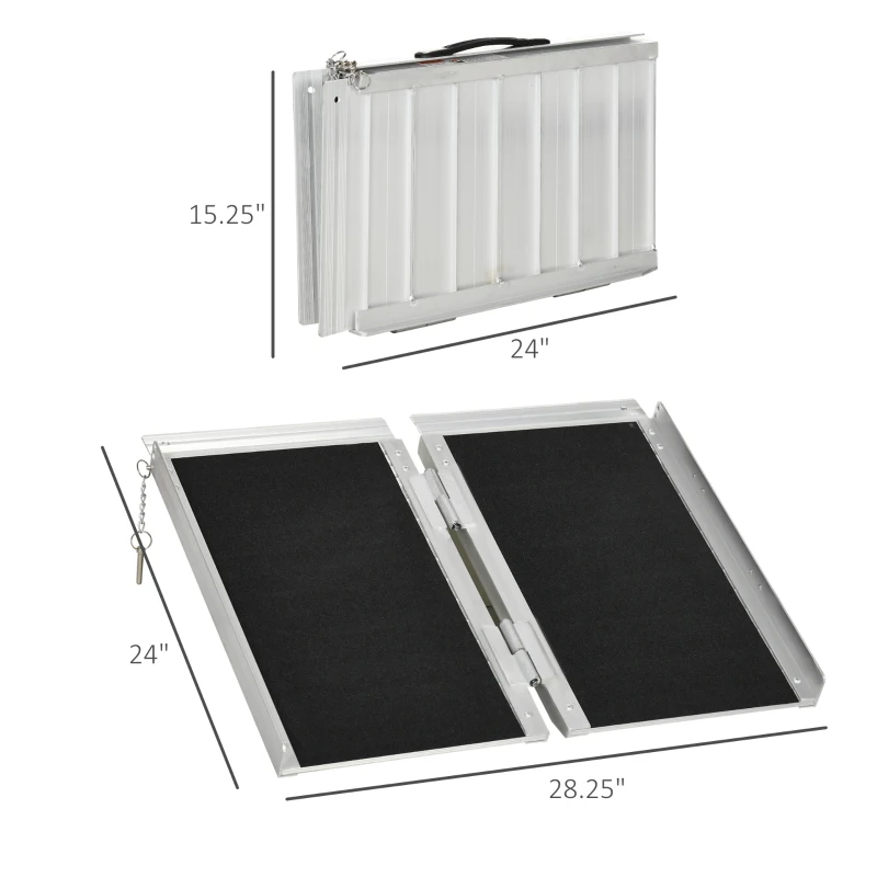 HOMCOM Wheelchair Ramp 2FT, Folding Aluminum Threshold Ramp with Non-Slip Surface, Transition Plates, 600lbs Weight Capacity, Handicap Ramp for Home, Doorways, Curbs, Steps