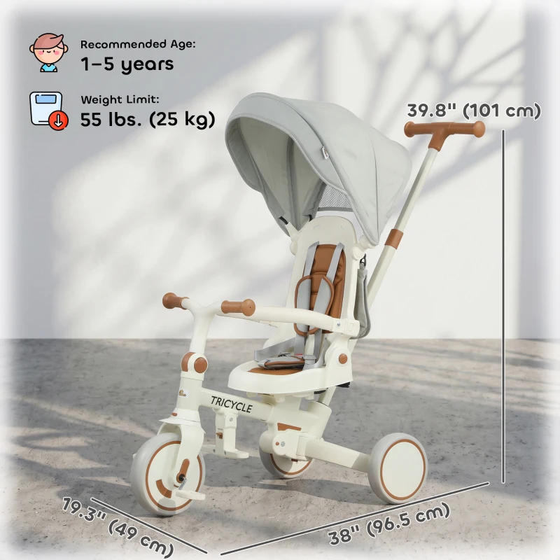 Qaba 7 in 1 Toddler Tricycle w/ Safety Harness, Adjustable & Removable Parent Handle, Canopy, Storage Bag, Brake, Cream White