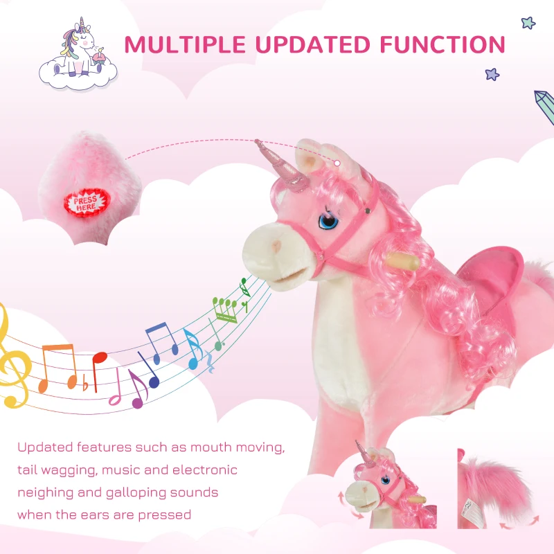 Qaba Kids Rocking Horse, Ride on Unicorn with Wooden Base, Tail Wag & Sounds for Toddlers 3-6 Years Old, Pink